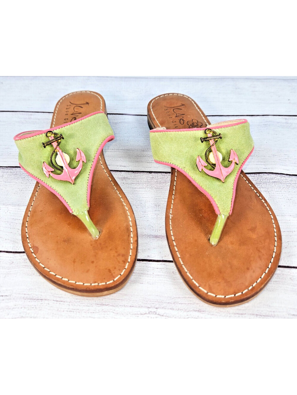 Juno Shoe Girl thong Anchor Sandals with pink anchor on green suede strap size 6